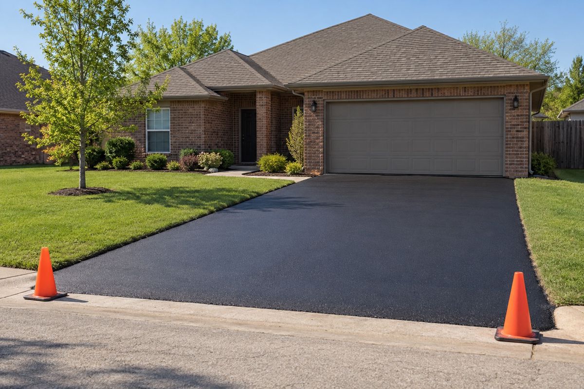 Newly paved asphalt driveway curing with cones set at the apron