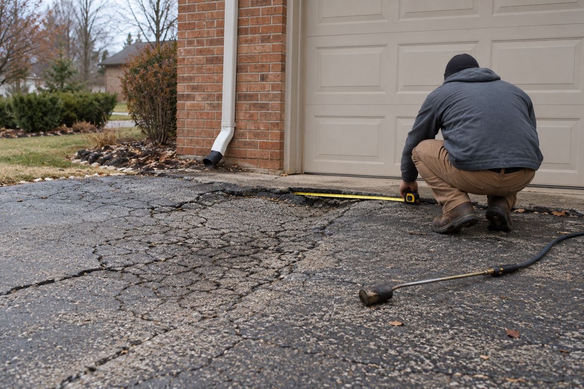 Contractor inspecting alligator cracks and a sunken spot in a driveway