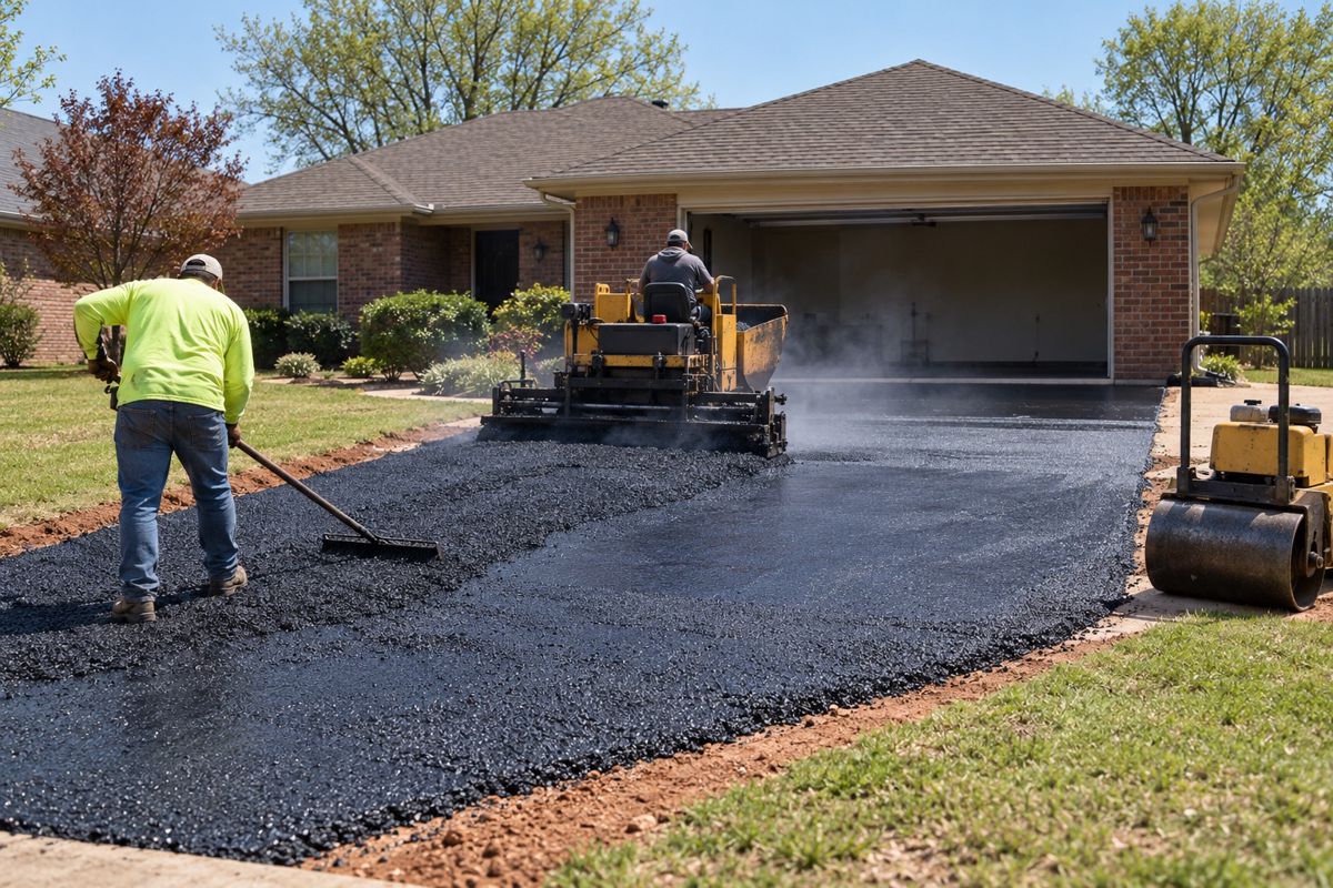 Crew spreading hot asphalt on a new driveway at a brick home