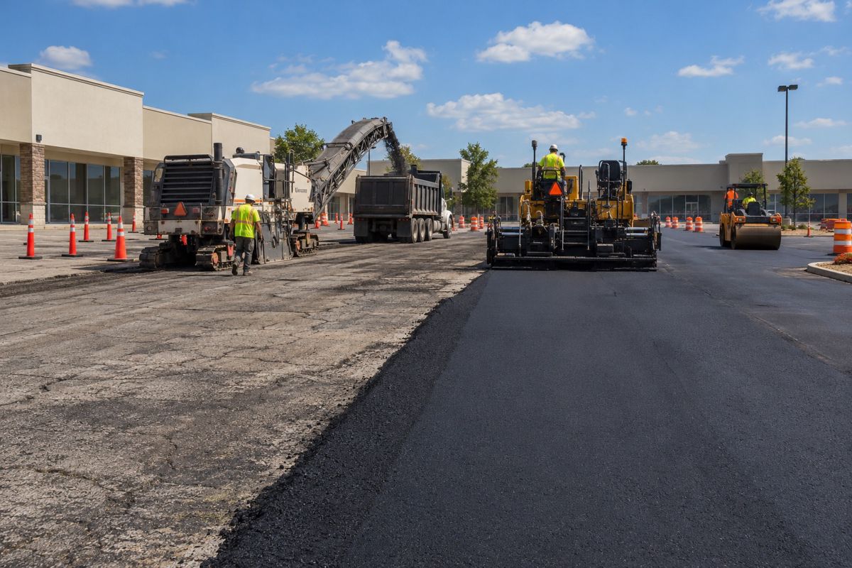 Paver and roller resurfacing a shopping center parking lot in sections