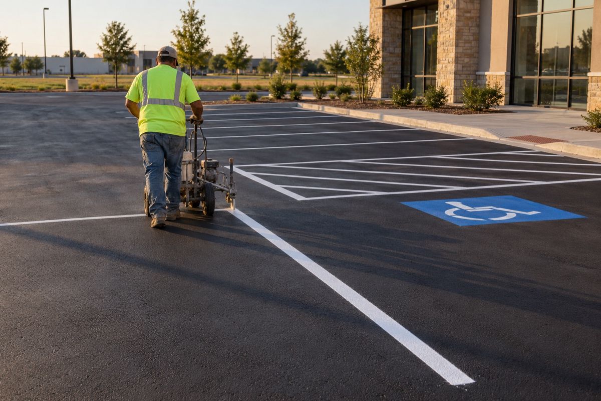 Striping machine painting white parking stall lines on a new lot