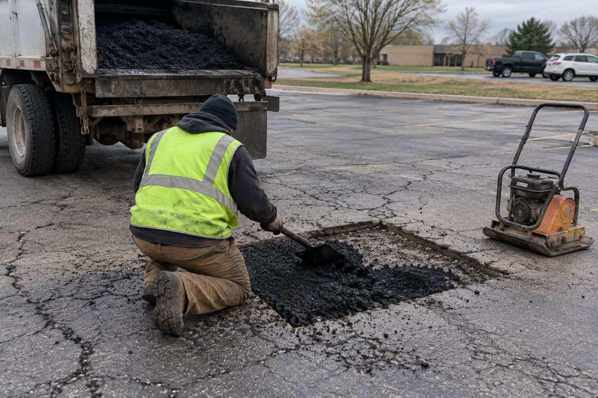 Worker filling a square-cut pothole with fresh hot asphalt