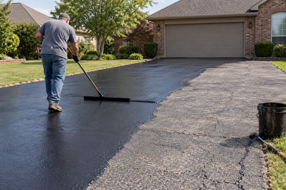 Worker squeegeeing black sealcoat across a faded gray driveway